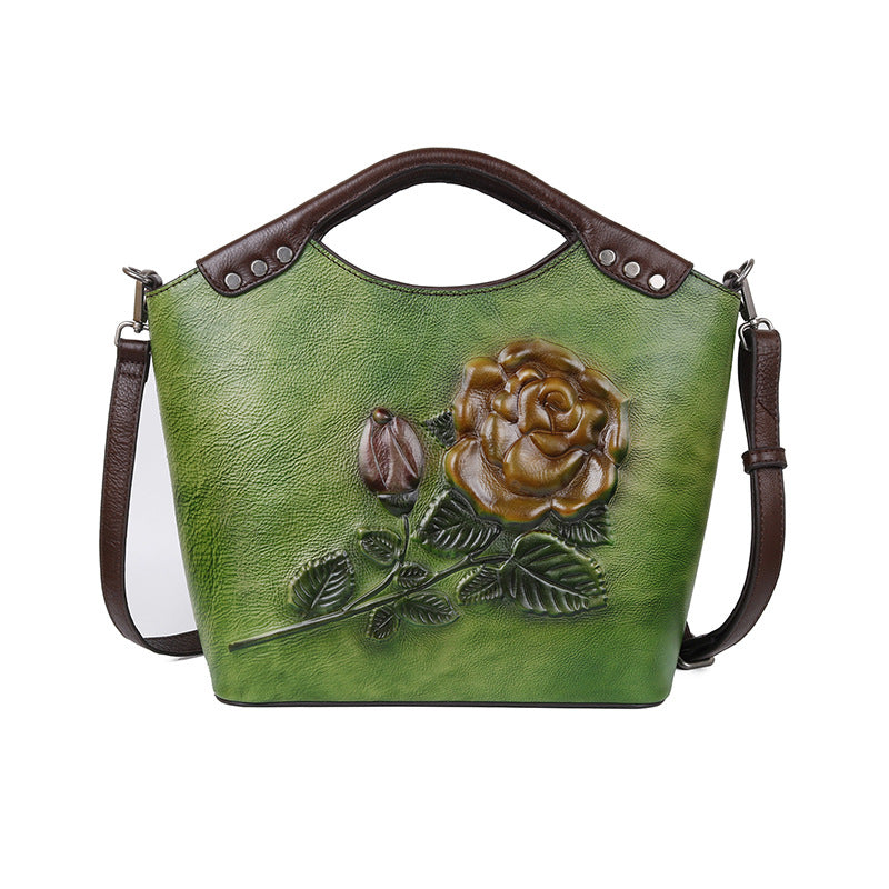 Women's First Layer Cowhide Large Capacity Rose Crossbody Bags