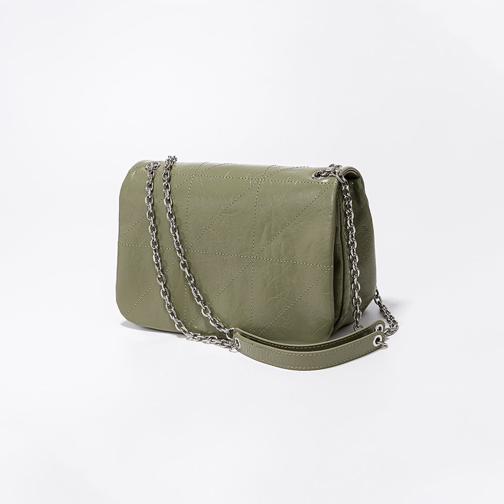 Oil Wax Cowhide Rhombus Chain Retro Easy Matching Shoulder Bags