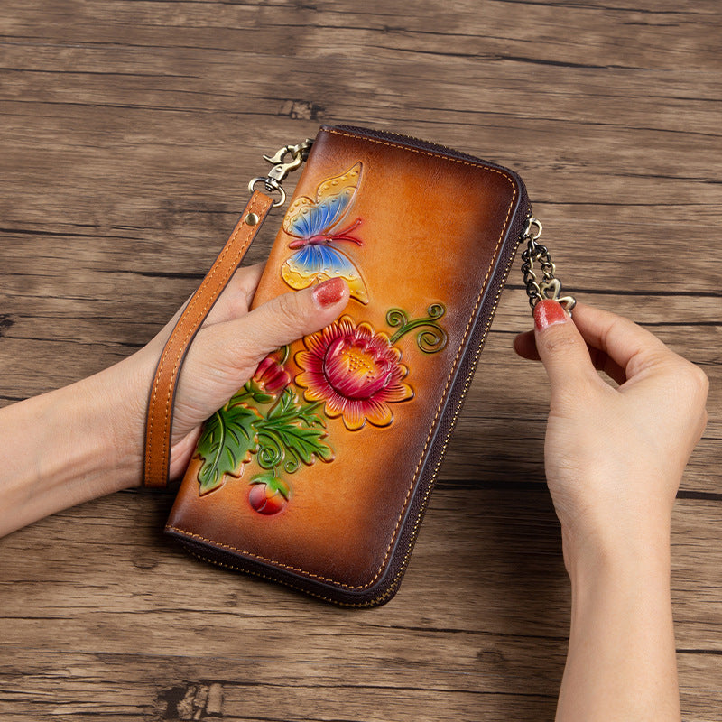 Women's Retro Chinese Style Cowhide Long First Ladies Wallets