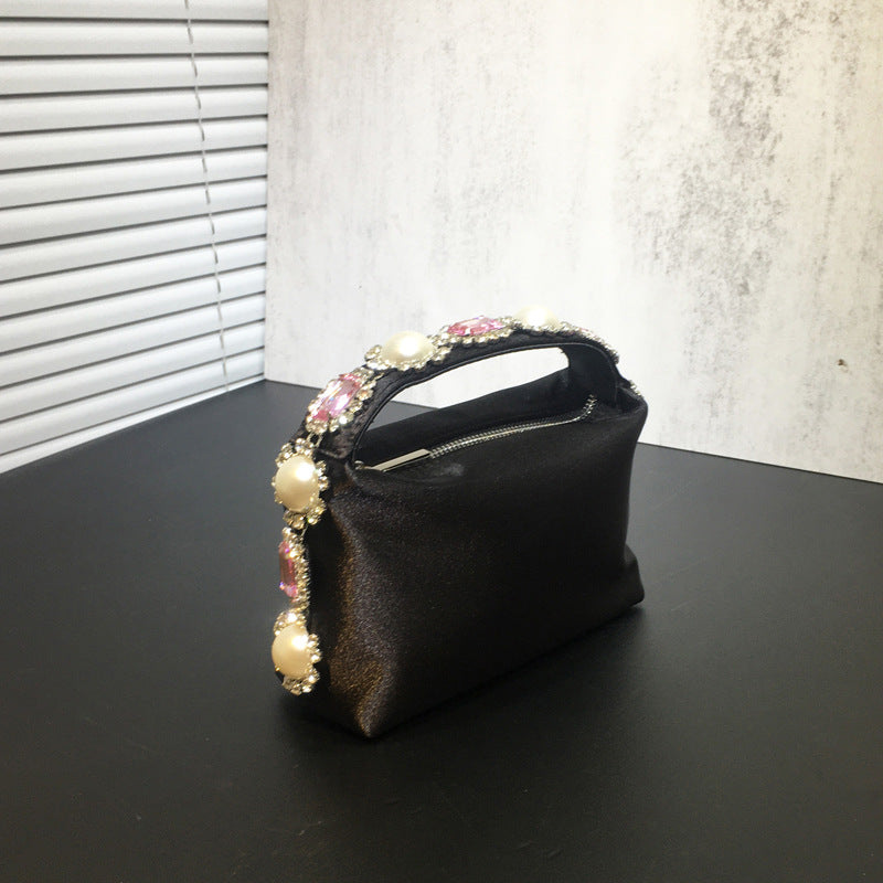 Women's Rhinestone Pearl Pillow Dinner Silk Lunch Handbags