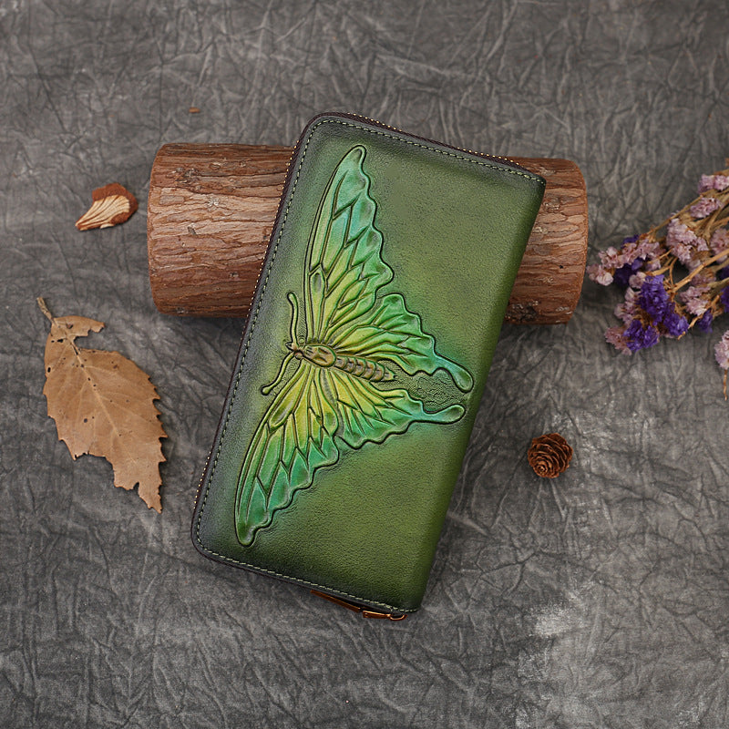 Women's Butterfly Embossed Leather Long Retro Clutch Ladies Wallets