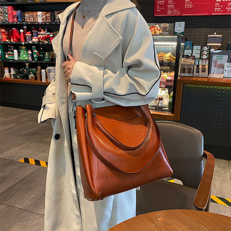 Women's Genuine Leather Oil Wax Simple Big Handbags
