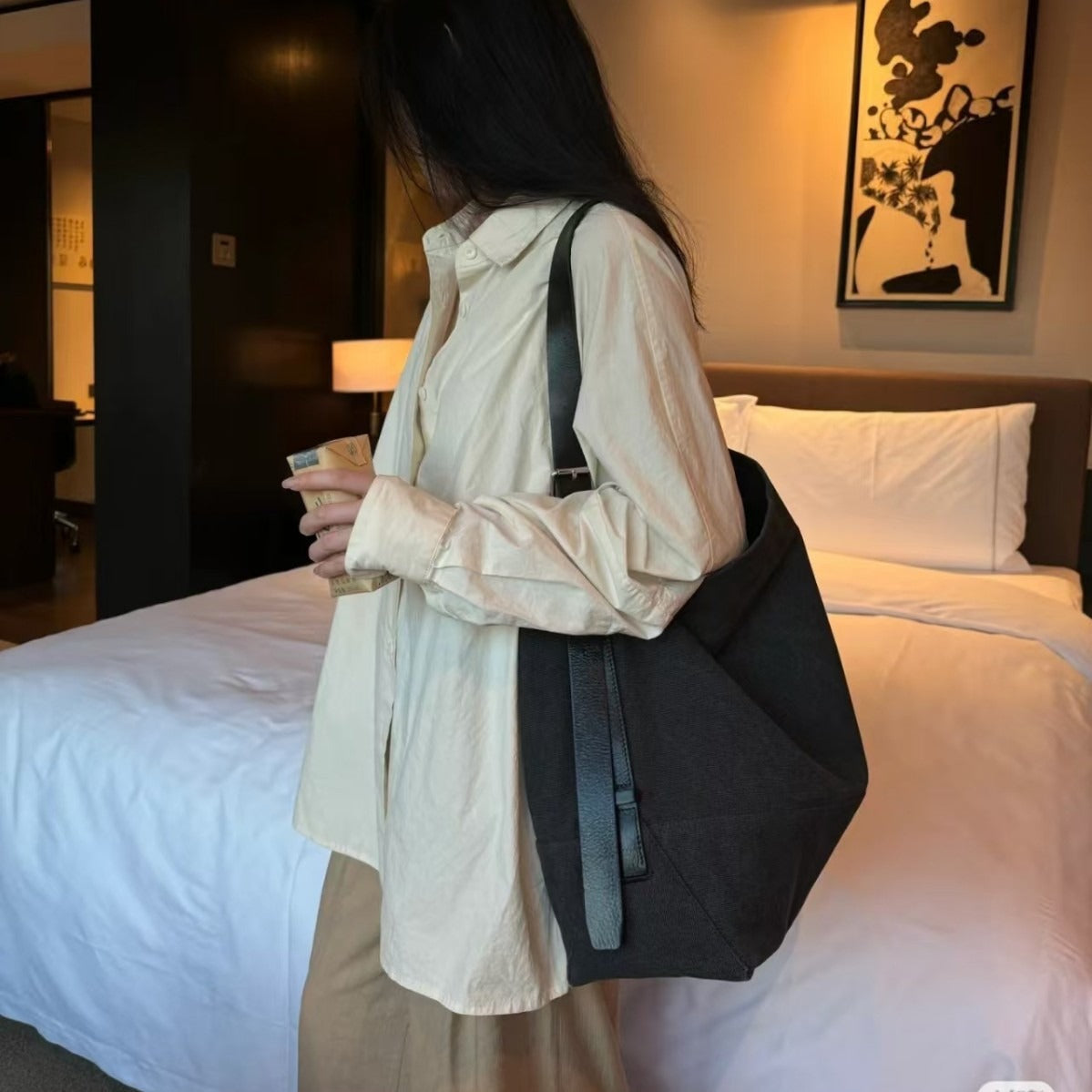Large Vintage Fabric With Leather Capacity Crossbody Bags