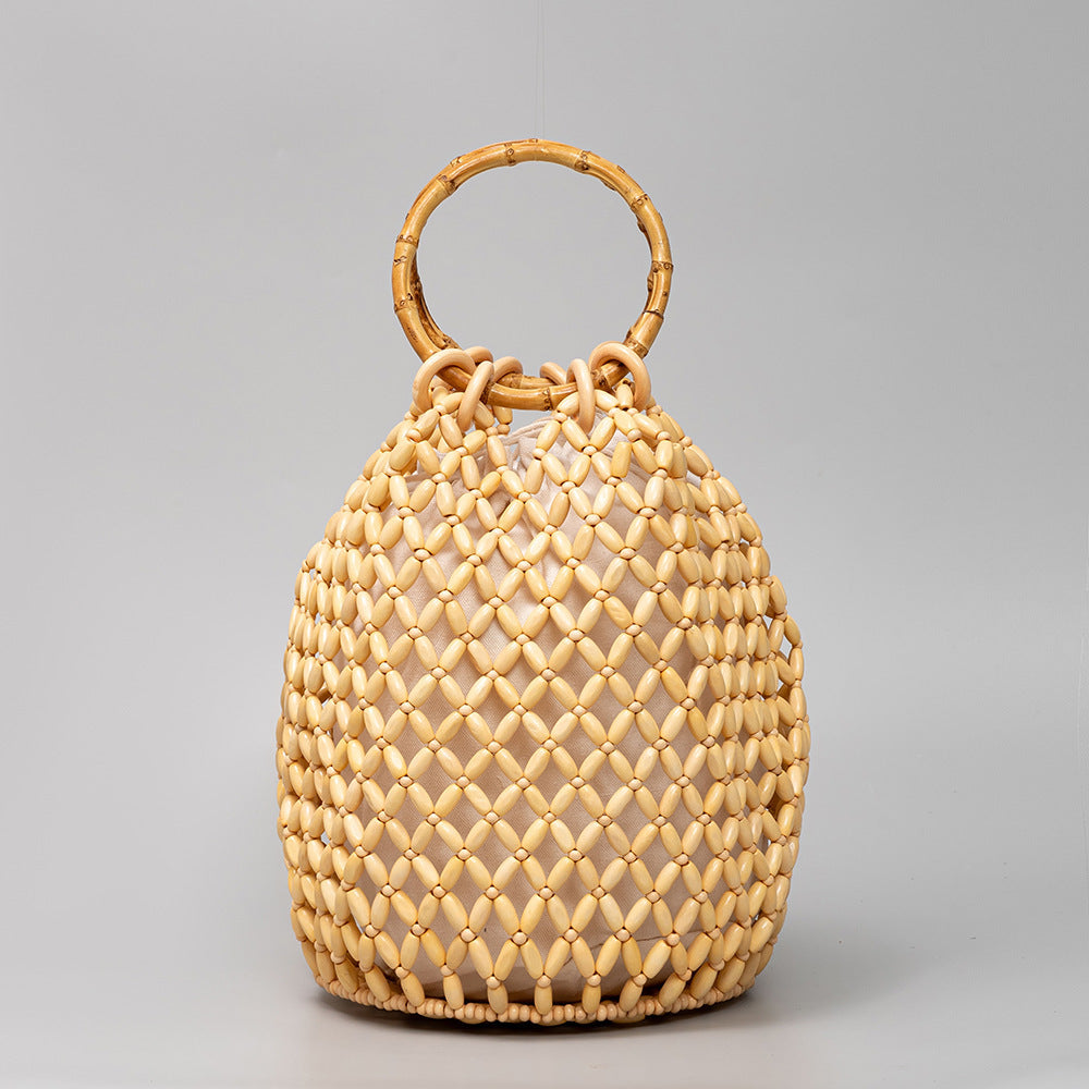 Women's Woven Hollow Design Advanced With Wooden Bags