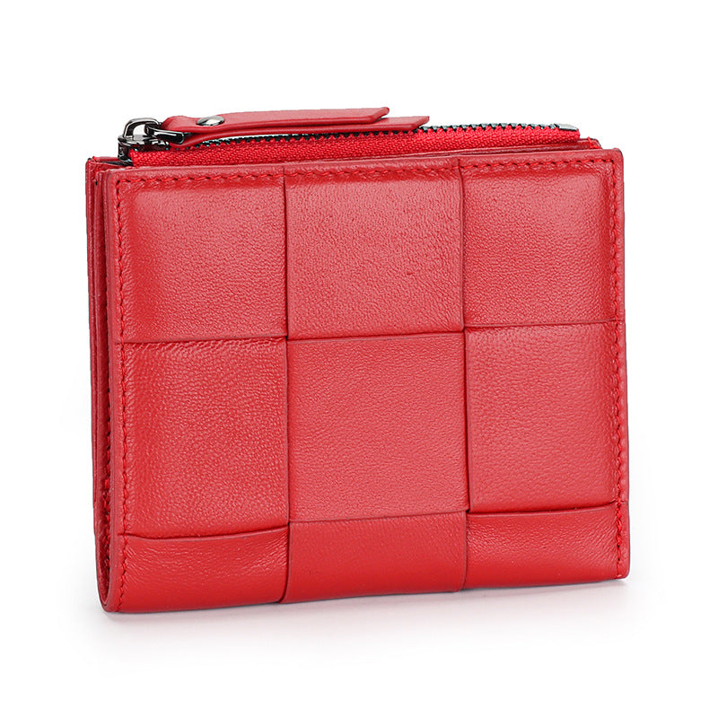 Women's Full Sheepskin Short Leather Hand-woven Folding Ladies Wallets