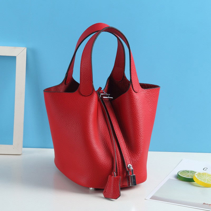Lychee Pattern Vegetable Basket Genuine Leather Fashion First Layer Handbags