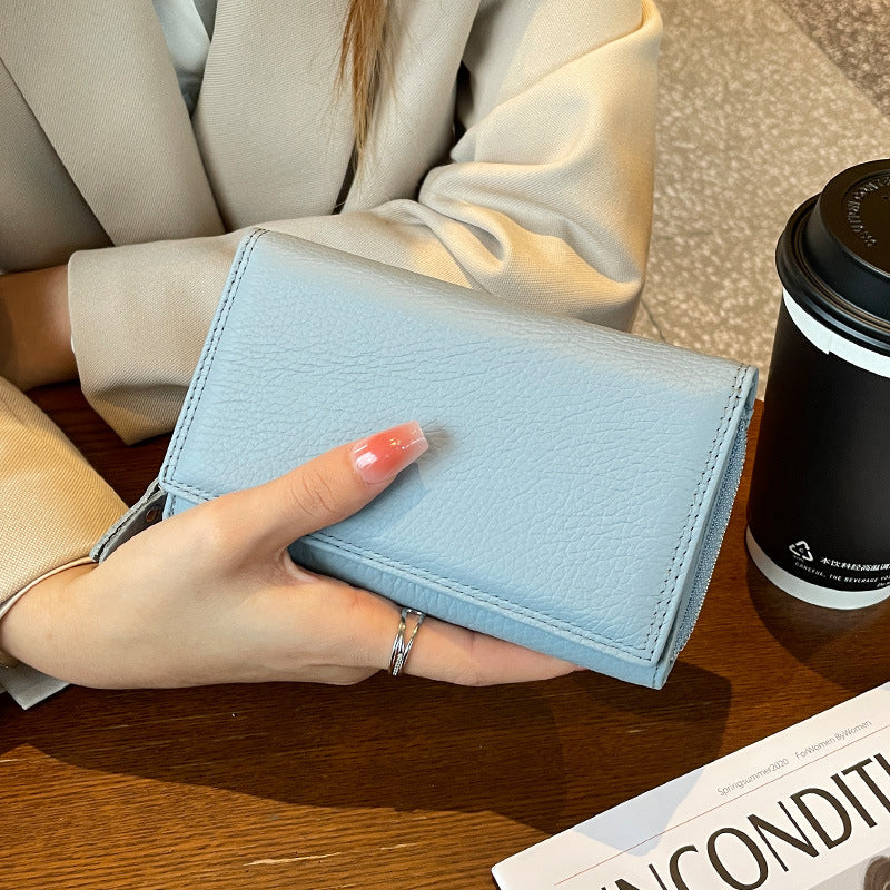 Women's First Layer Cowhide Mid-length Three Folding Design Ladies Wallets