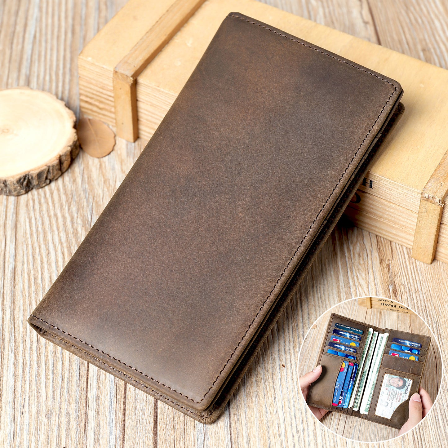 Men's Long High-grade First Layer Cowhide Retro Full Bags