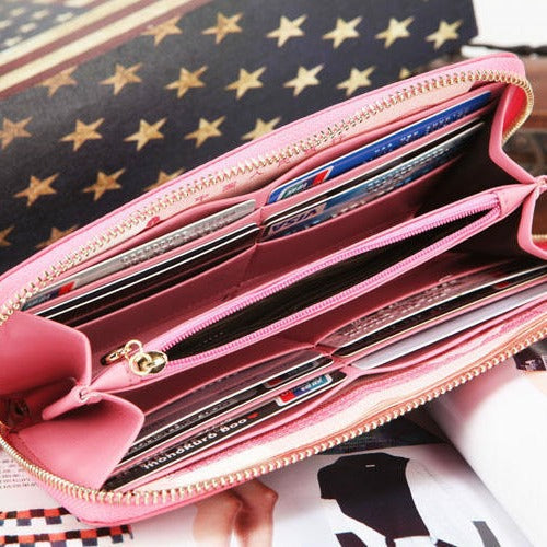 Women's Woven Long Gradient Zipper Genuine Leather Ladies Wallets