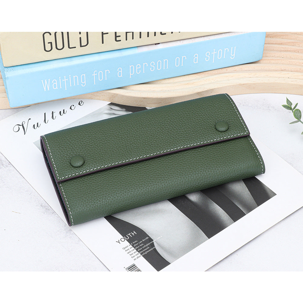 Women's First Layer Cowhide Long Large Capacity Color Matching Purses