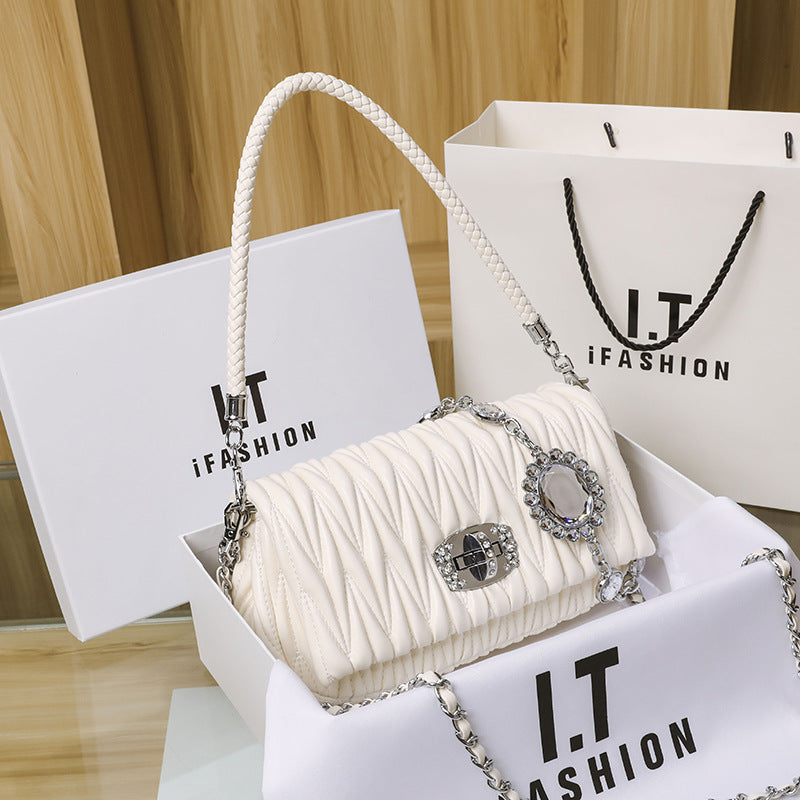 Shopping Genuine Leather Underarm Rhinestone Chain Shoulder Bags