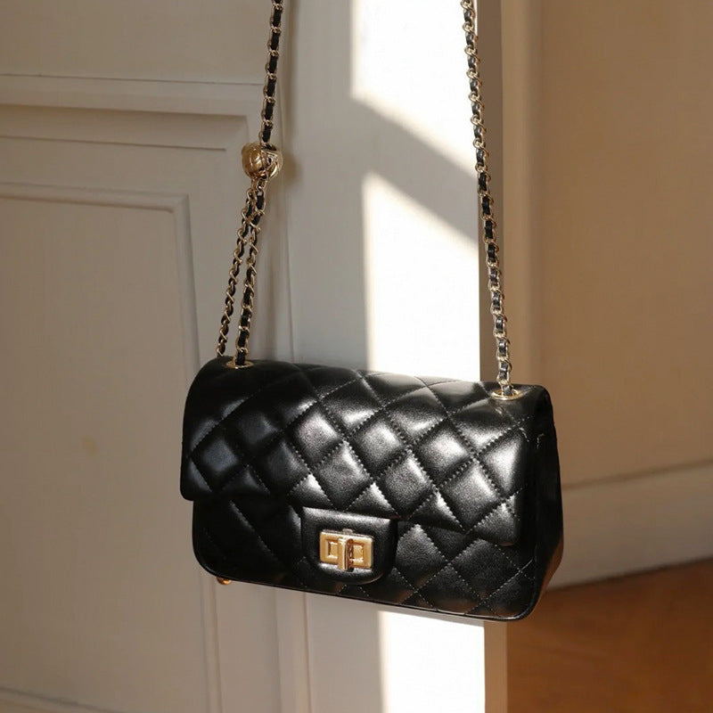 Women's Golden Balls Rhombus Chain First Layer Cowhide Classic Shoulder Bags