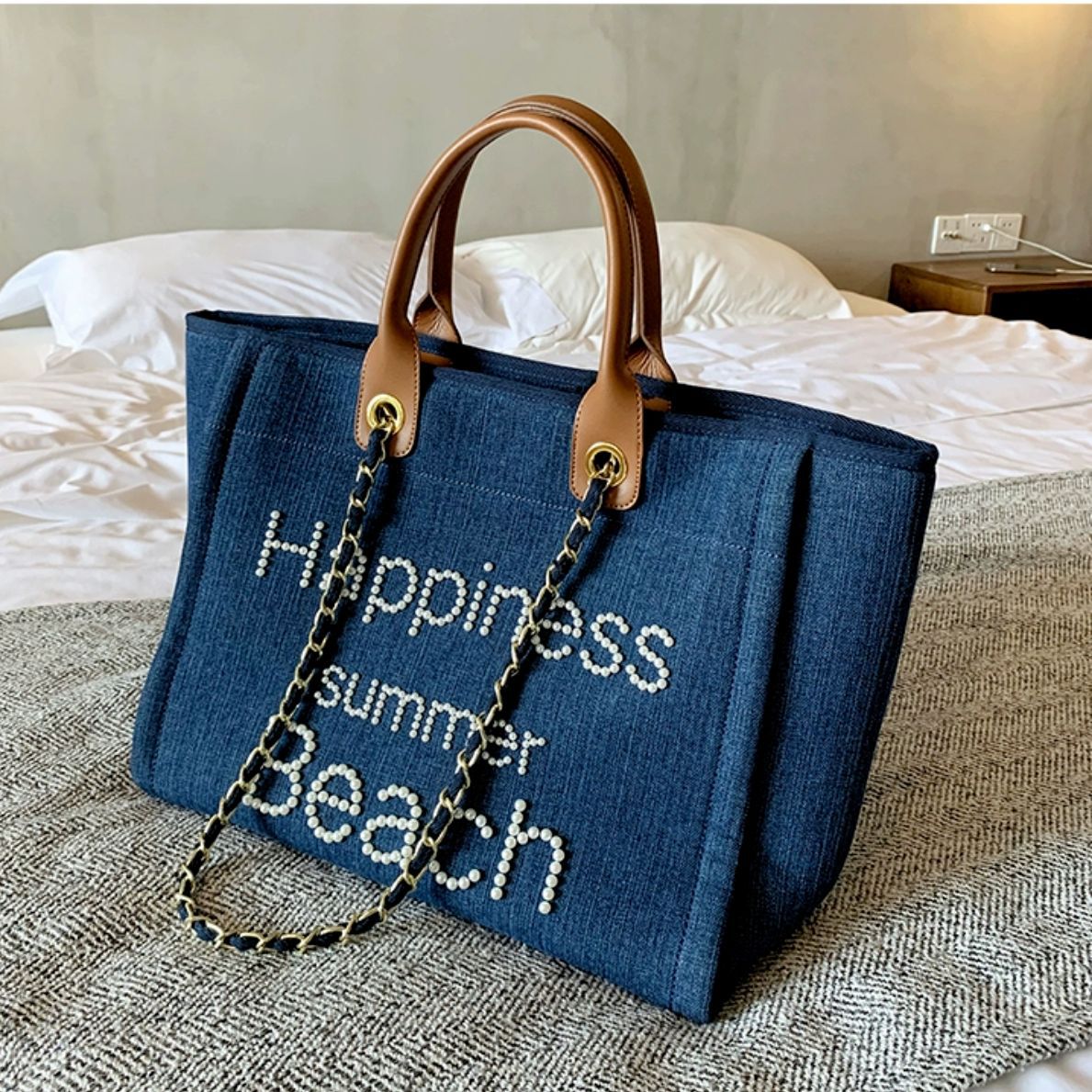 Women's With Leather Portable Chain Pearl Beach Shoulder Bags