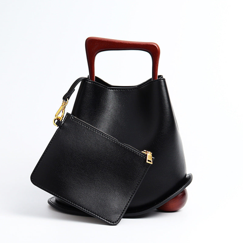Women's Imported Cowhide Commuter Basket Wooden Portable Handbags