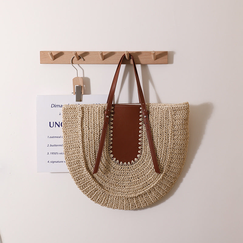 Women's Large Capacity French Straw Niche Stitching Woven Handbags