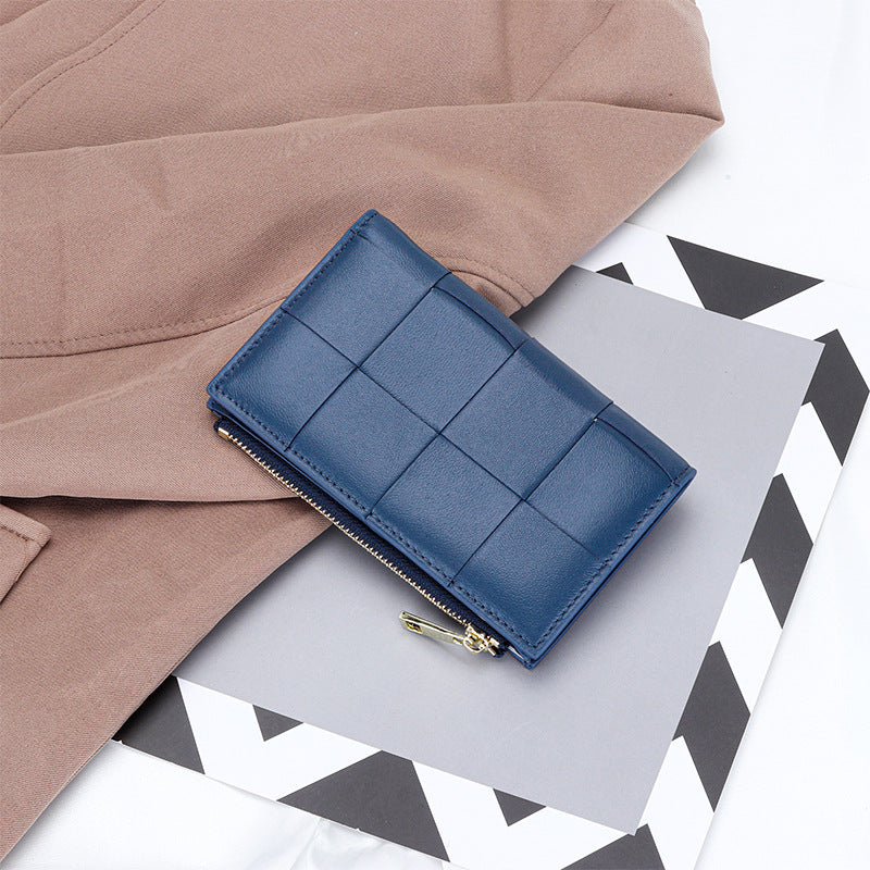 Women's Sheepskin Woven Medium Vertical Leather Multiple Ladies Wallets