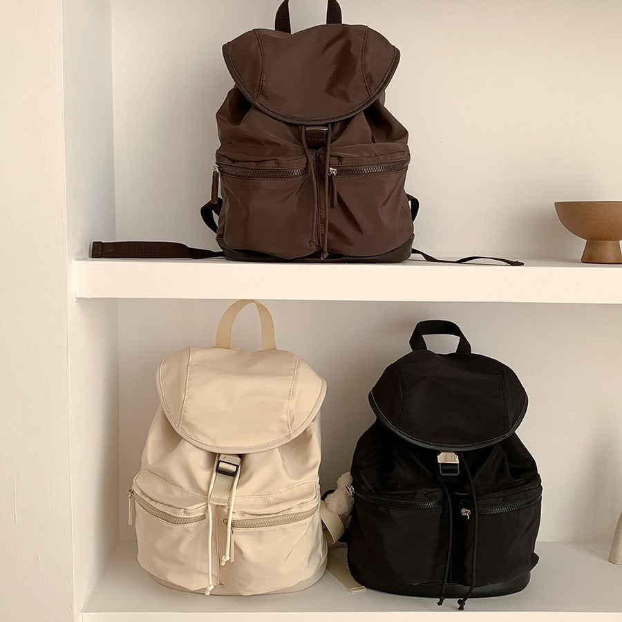 Women's Korean Style Drawstring Pleated Flip Nylon Niche Backpacks