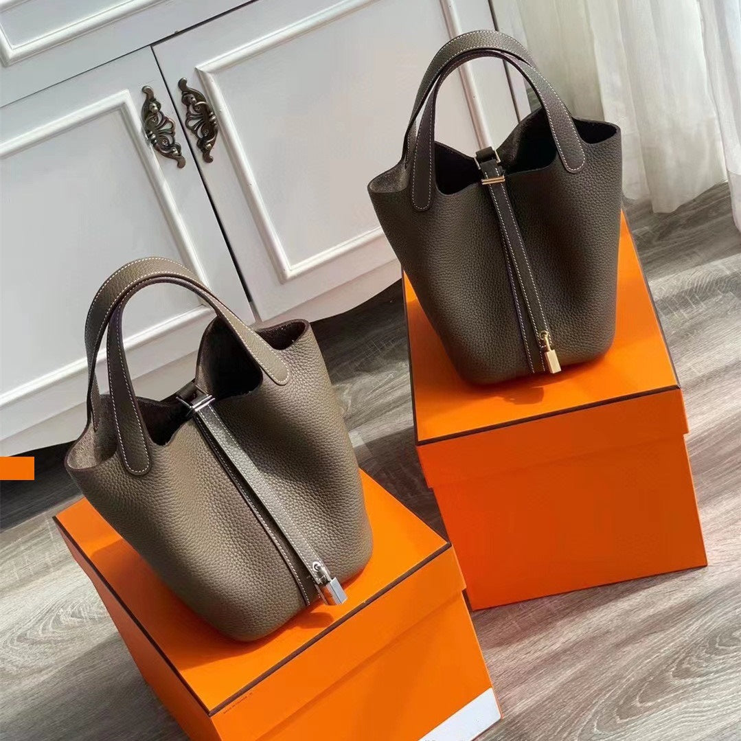 Vegetable Basket Genuine Leather Portable Litchi Handbags