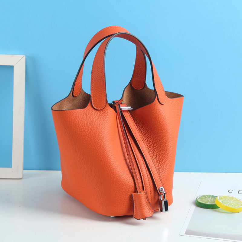 Lychee Pattern Vegetable Basket Genuine Leather Fashion First Layer Handbags