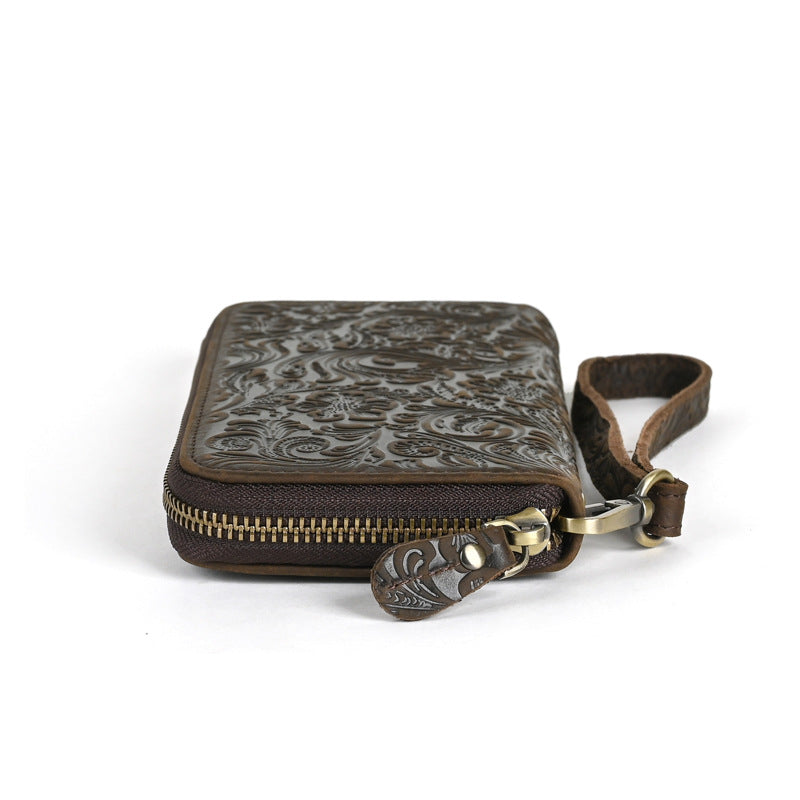Men's Leather Long Zipper Clutch Retro Embossing Card Holder