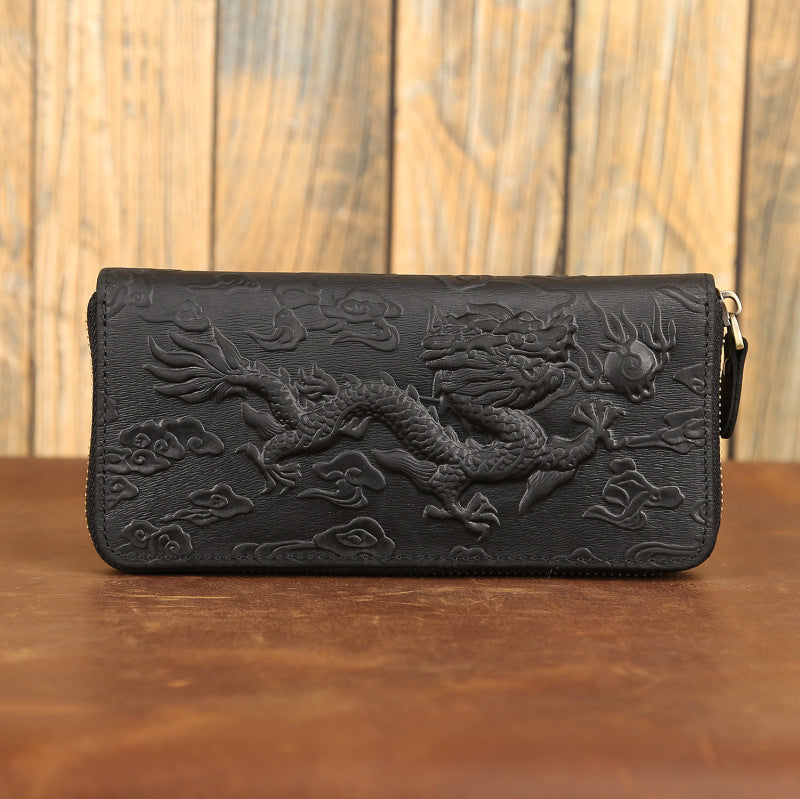 Retro Crazy Horse Leather Dragon Pattern Embossed Men's Wallets
