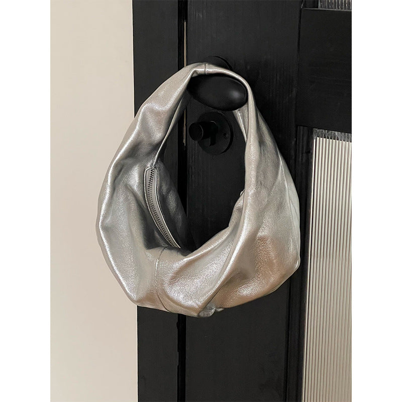 Women's Portable Dumpling Genuine Leather Sier Cloud Handbags