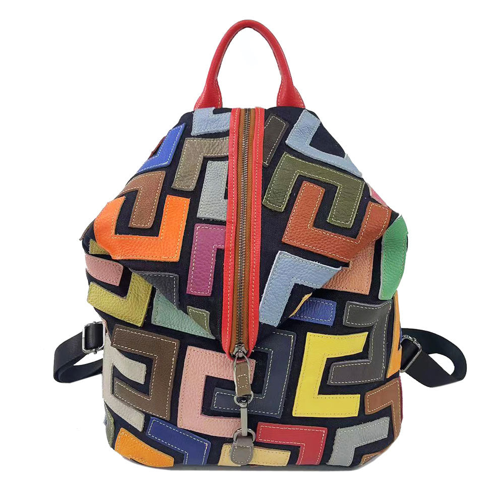 Women's Leather Color Cowhide Stitching Retro Backpacks