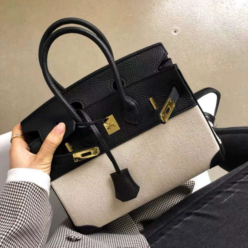 Women's Leather With Canvas Contrast Color Portable Handbags
