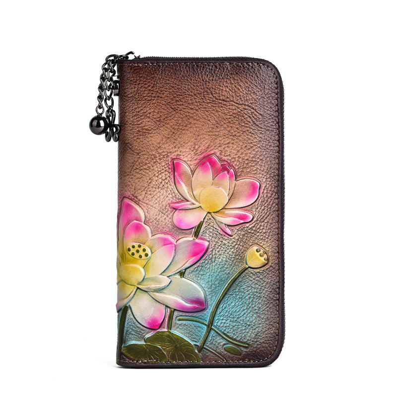 Women's Chinese Long First Layer Cowhide Zipper Mobile Embossed Ladies Wallets