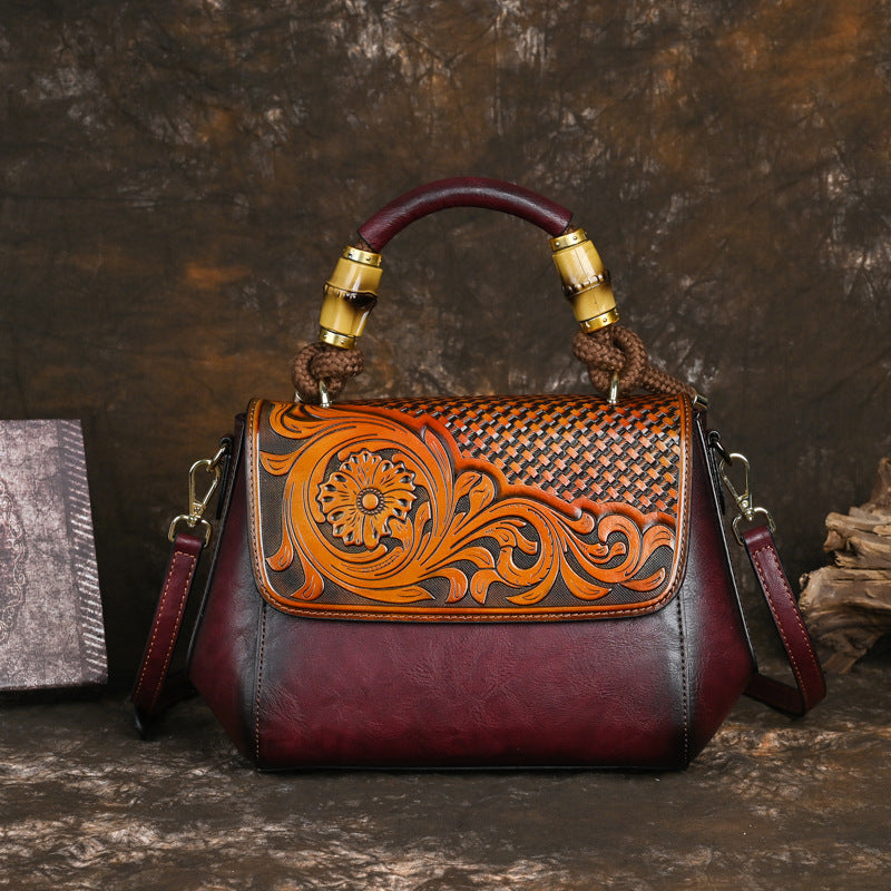 Women's Retro National Style Leather Carving Craft Handbags
