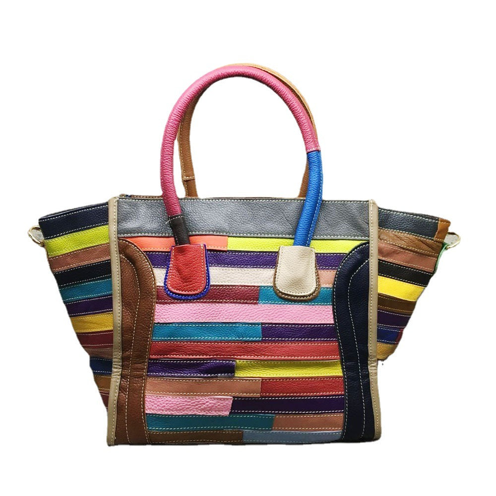 Women's Genuine Leather Cowhide Fan Real Stitching Smiling Handbags