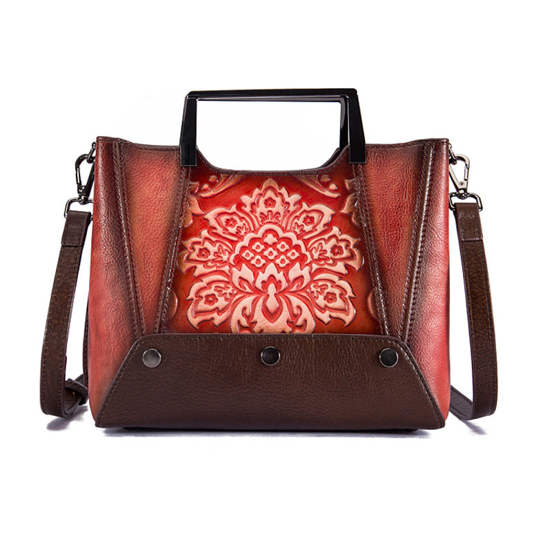 Women's Retro First Layer Cowhide Portable Female Embossed Hand-rub Handbags