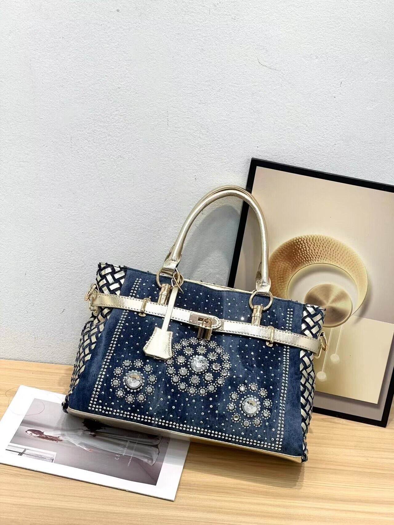Women's Jean Diamond Woven Rivet Portable Trendy Fashion Handbags