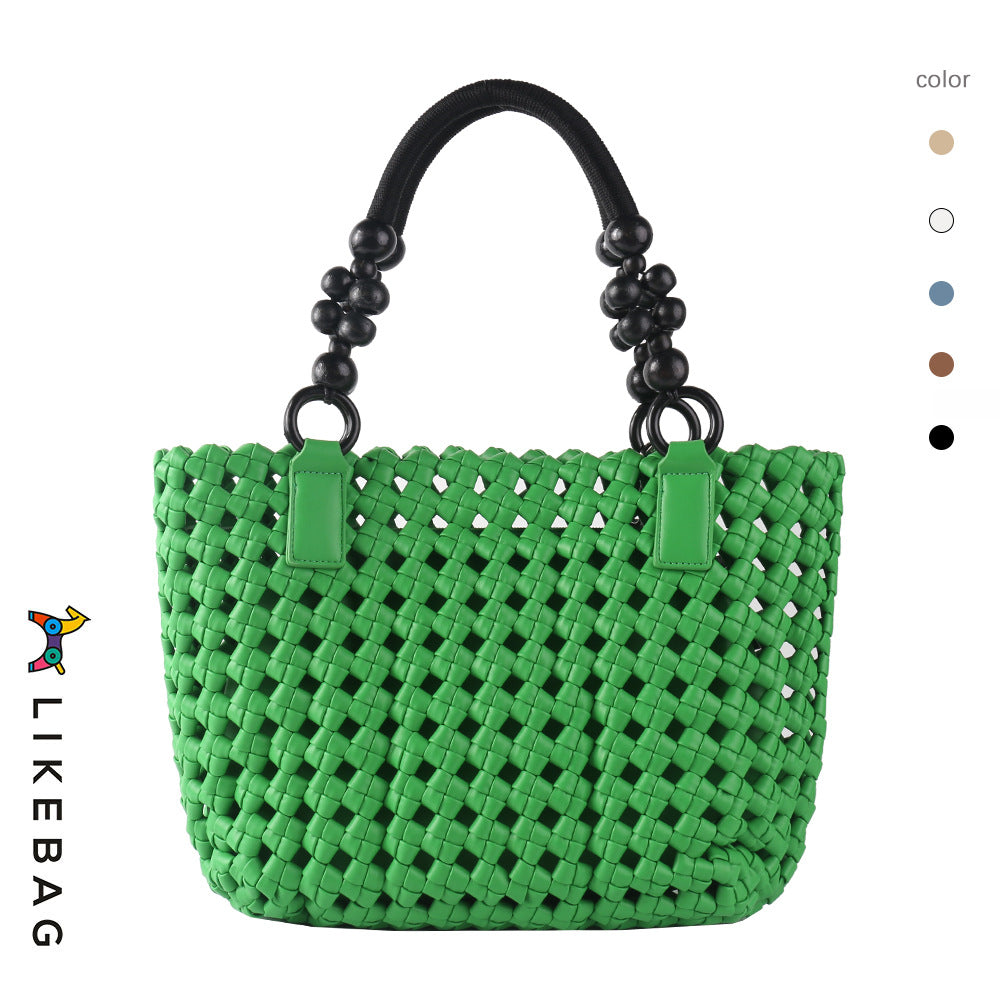 Women's Vegetable Basket Woven Portable Advanced Hollow Wooden Bead Handbags