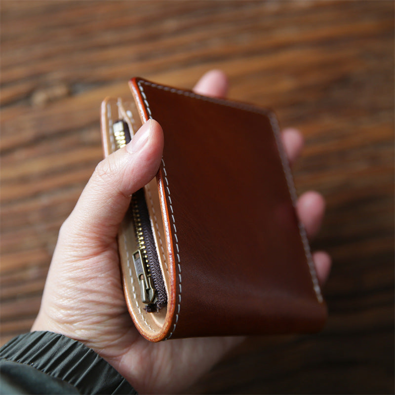 Men's Handmade Vegetable Tanned Leather Short Zip First Layer Men's Wallets