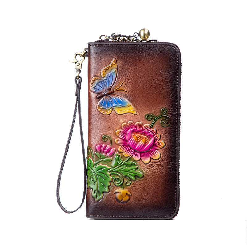 Women's Retro Chinese Style Cowhide Long First Ladies Wallets