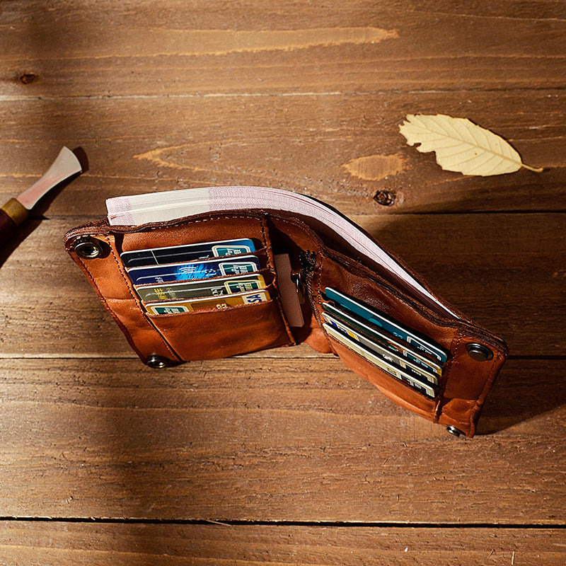 Men's Pleated Vegetable Tanning Leather Retro Large Men's Wallets