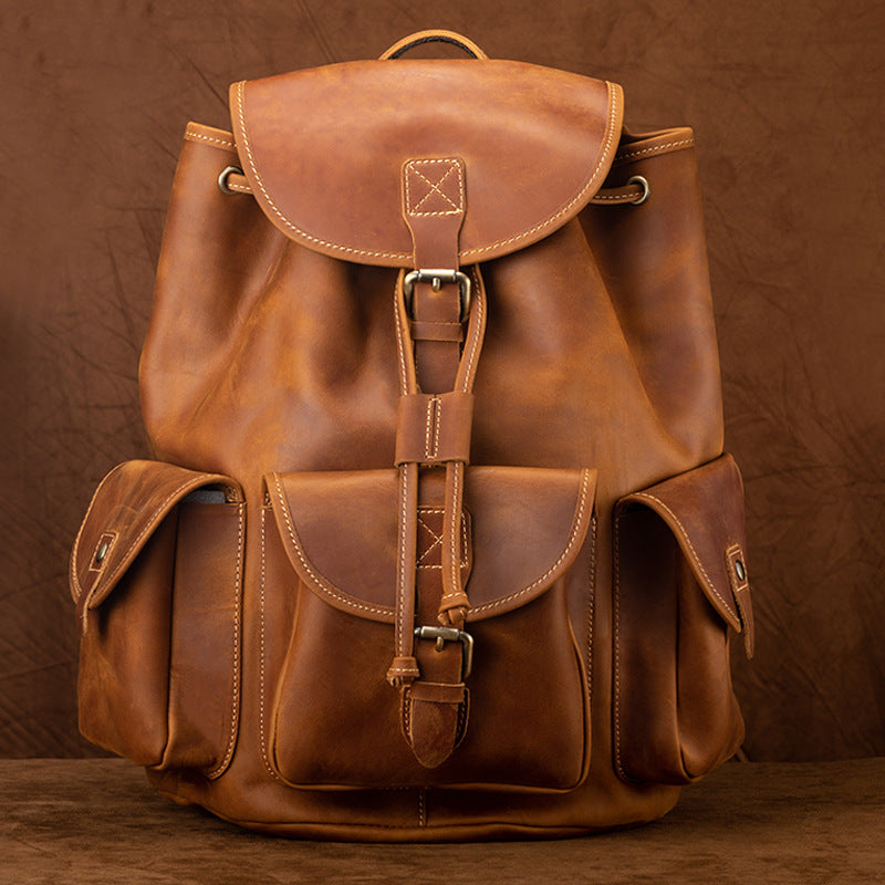 Men's Cowhide Crazy Horse Leather Retro Leisure Backpacks