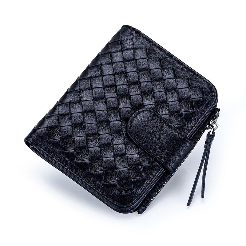 Women's Short Sheepskin Woven Classic Half Fold Ladies Wallets