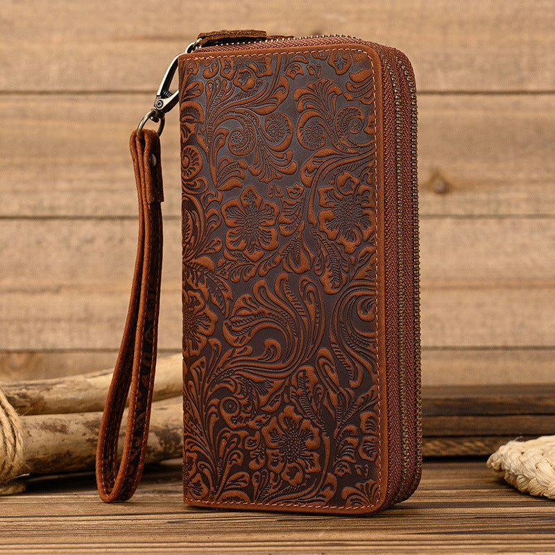 Men's Horse Leather Long Genuine Double Zip Multiple Phone Bags