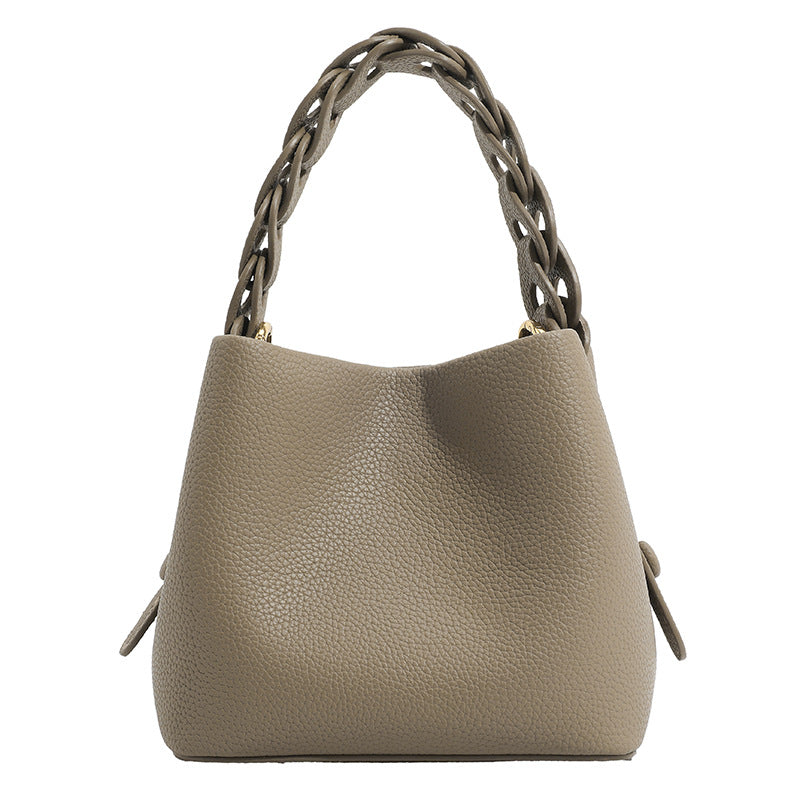 Women's Portable Soft Leather Lychee Pattern Drawstring Handbags