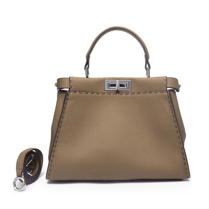 Lychee Pattern Metal Catch Genuine Leather Handbags