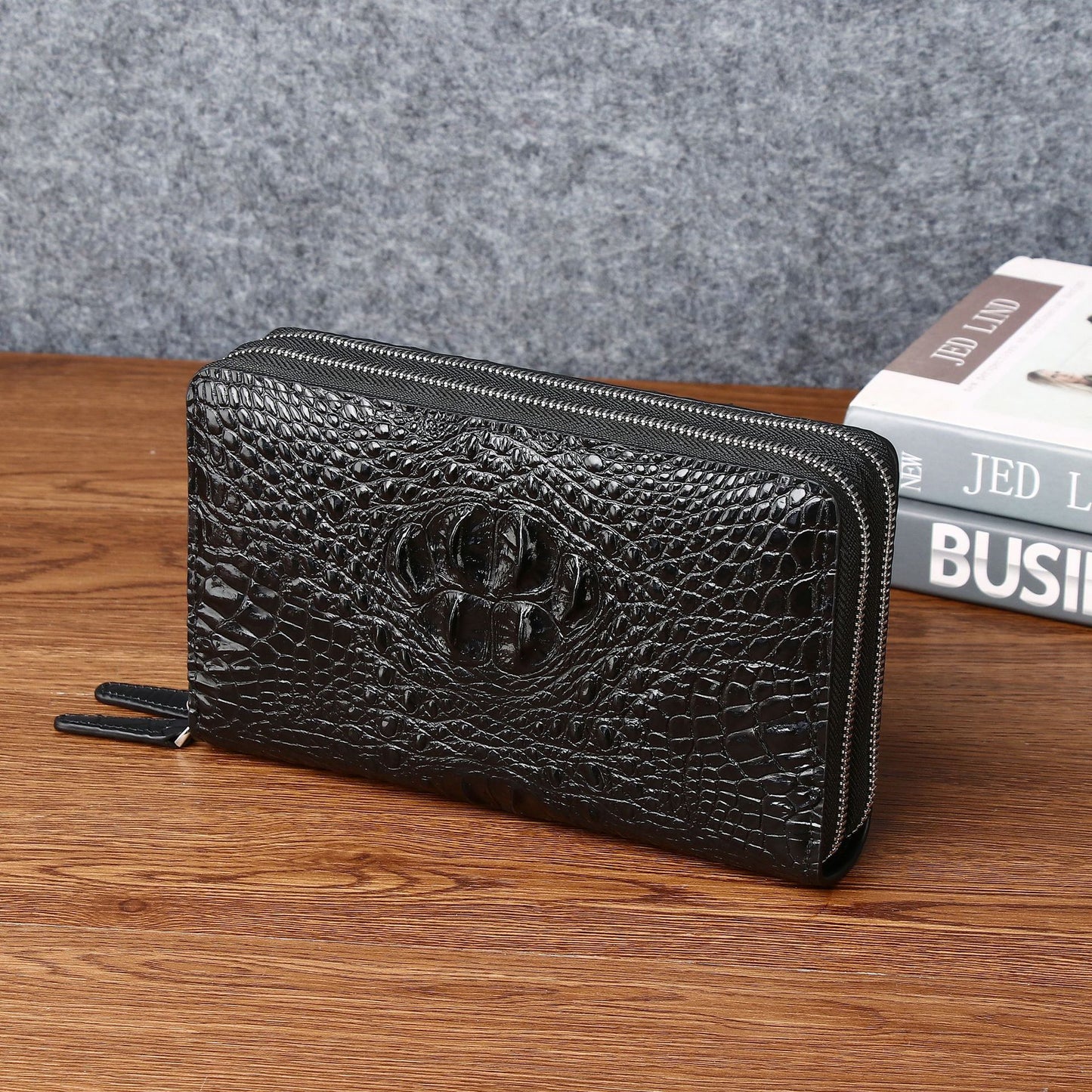 Men's Pattern Double Zip Clutch Multiple Slots Genuine Bags