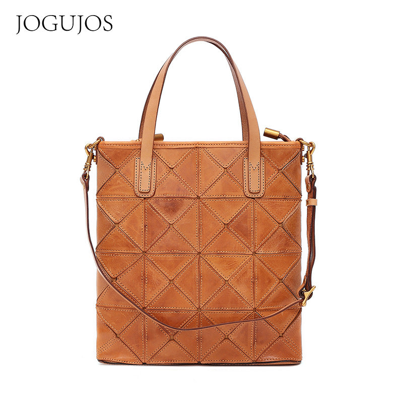Women's Retro First Layer Cowhide Stitching Portable Shoulder Bags