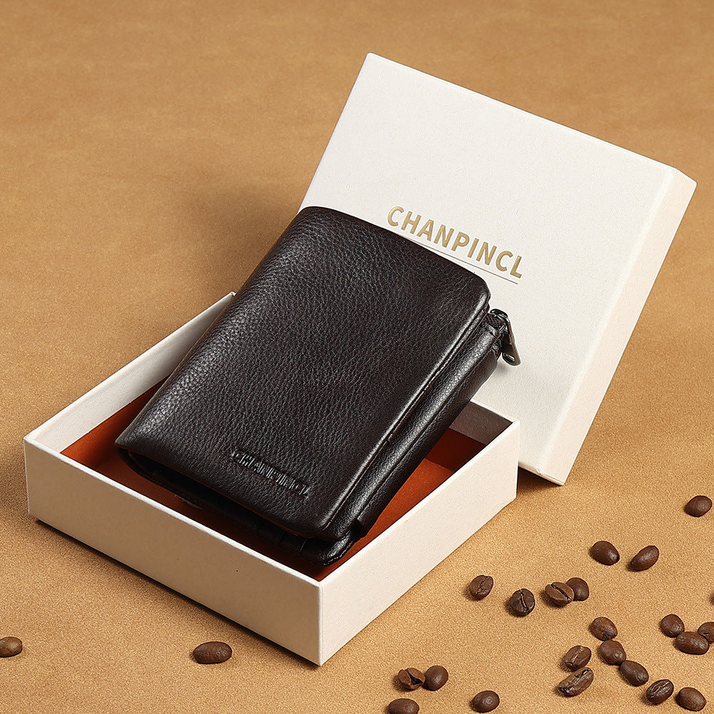 Men's Vertical First Layer Cowhide Zipper Pocket Men's Wallets