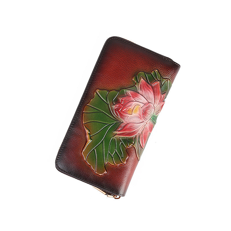 Women's Layer Cowhide Large Capacity Retro Embossing Genuine Ladies Wallets