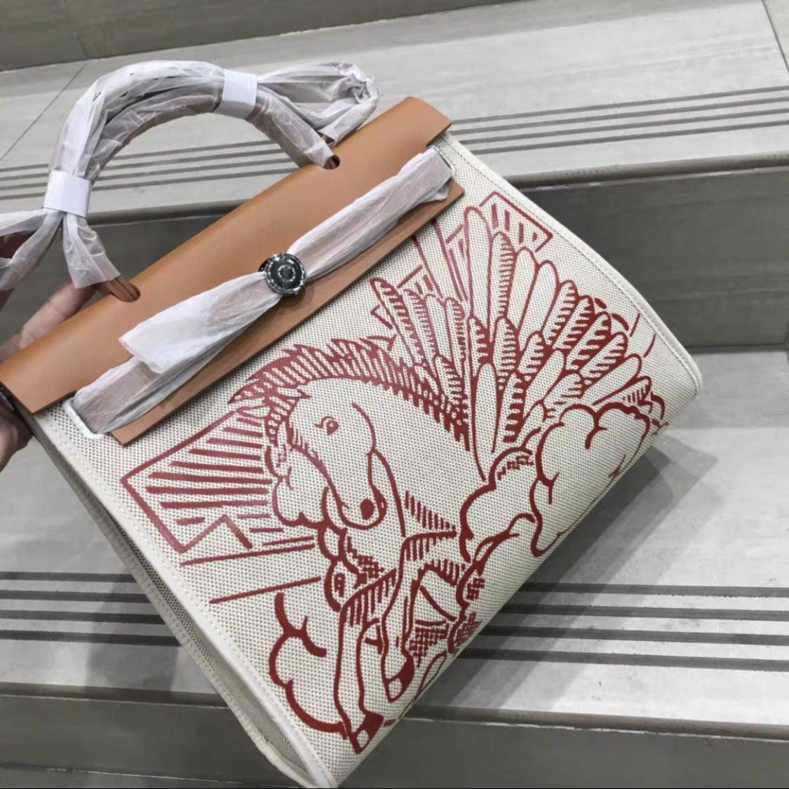 Women's Genuine Leather Kelly Cowhide Canvas Color Matching Handbags