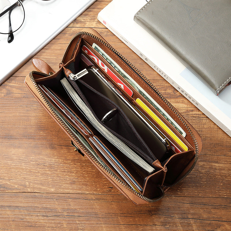 Men's Layer Cowhide Woven Long Zipper Leather Men's Wallets
