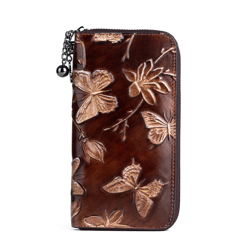 Women's First Layer Cowhide Chinese Style Embossing Ladies Wallets
