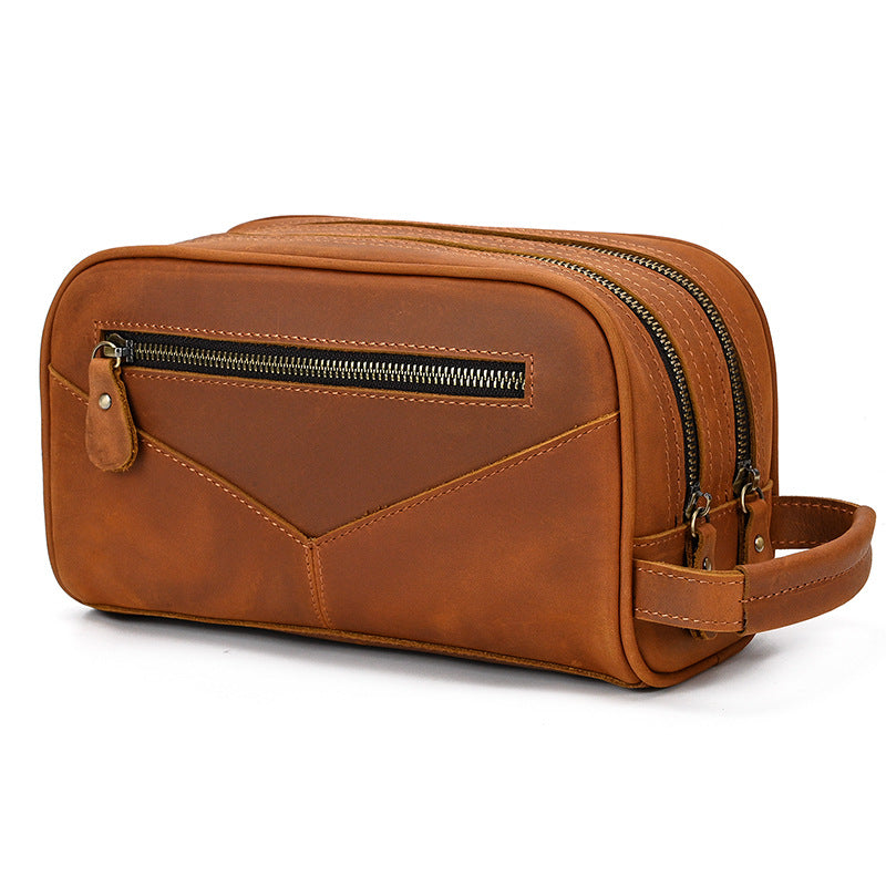 Women's & Men's Leather Toiletry Vintage Crazy Horse Clutch Cowhide Double Men's Handbags